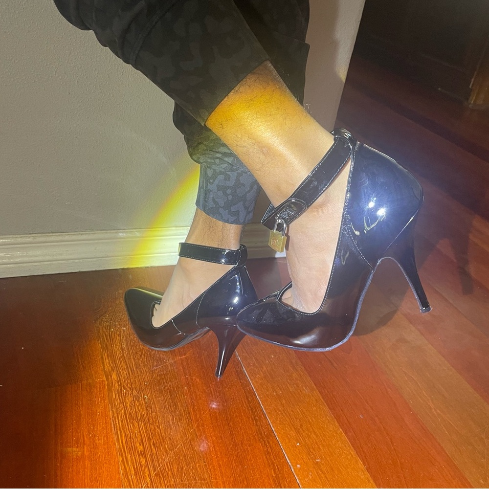 UNWORN Black Patent Leather Heels with Lock, Key, and hook and loop closure
